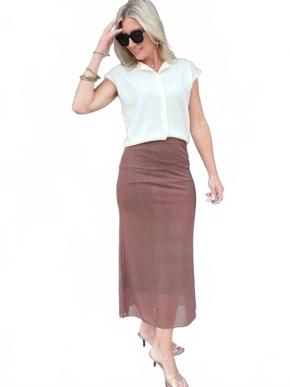 NEW BLU PEPPER women's high waist polka dot mesh midi skirt in brown